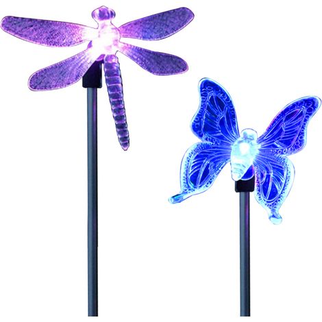 Irovami Lot de 2 lampes solaires LED à piquet pour jardin, papillons et libellules multicolores, décorations lumineuses pour allée, cour, pelouse et terrasse. (1/5)