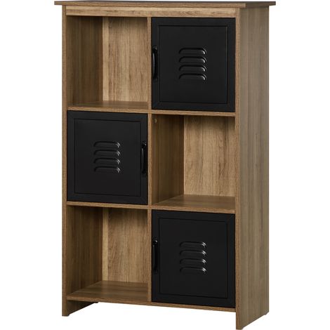 HOMCOM Industrielles Bücherregal mit 3 Nischen und 3 Fächern, Holzoptik, schwarze Metalltüren