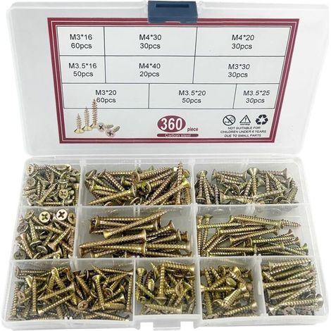 Packung mit 360 selbstschneidenden Holzschrauben – Gelb verzinkter Stahl – Pozidriv-Kreuzantrieb – Für verschiedene Materialien – Größen M3/M3,5/M4 (1/5)