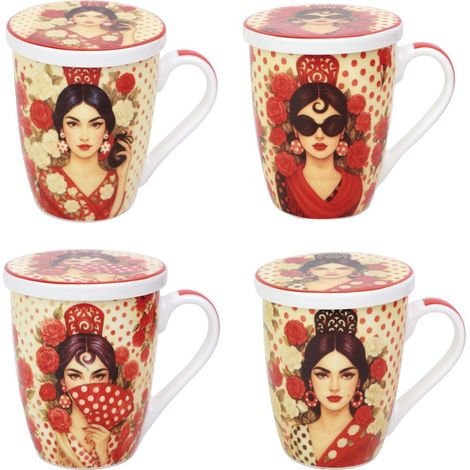 Set de 4 tazas de té con filtro de porcelana flamenca roja