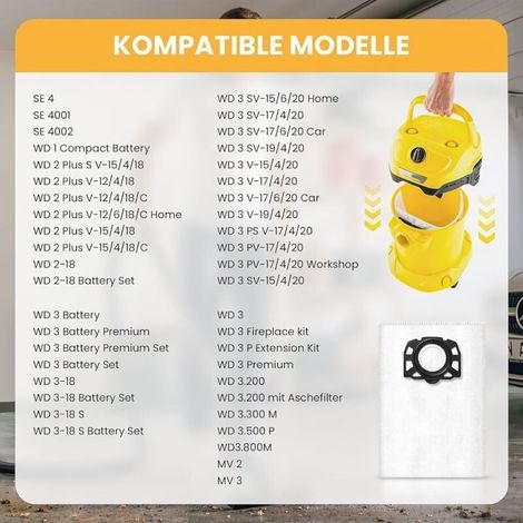 KFI 357 Lot de 16 sacs d'aspirateur pour Kärcher WD2 Plus / WD3 / WD3 Battery/SE 4001 / SE 4002 / KWD1-3 / WD3.200 - Sacs extrêmement résistants à la déchirure 2.863-314.0 (1/3)