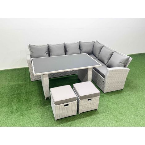 Fimous Outdoor Garden Furniture Sets 8 Seater Wicker Rattan Corner Sofa Sets with Rectangular Dining Table Lounge Sofa 2 Small Footstools Light Grey (1/4)