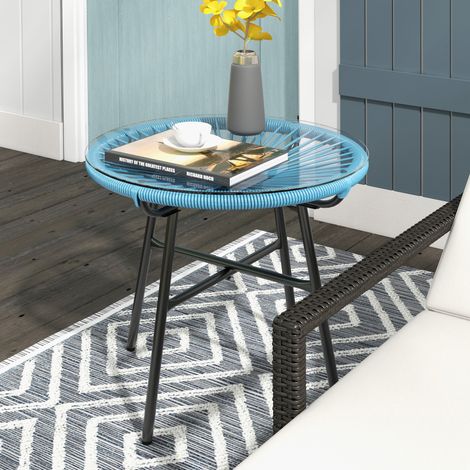 Table basse ronde jardin résine rotin métal, plateau verre trempé Ø 50 x H 50 cm (1/5)