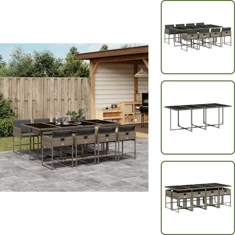 9-tlg. Garten-Essgruppe mit Kissen Grau Poly Rattan - Gartentisch - Gartenmöbel - Essgruppe - Gartenset - Outdoor Möbel (1/5)
