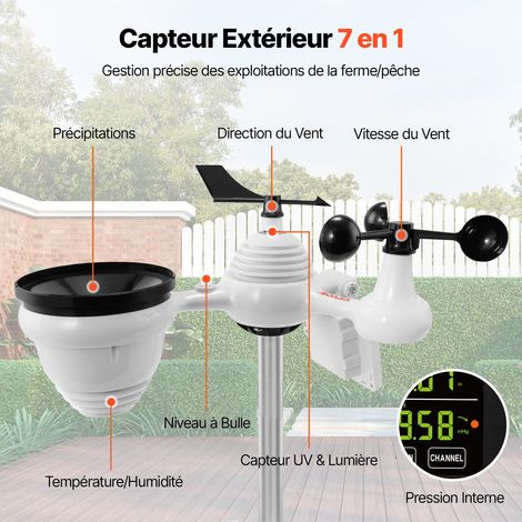 Station Météo Wifi 7 en 1 Station Météo Sans Fil Intérieur Extérieur Solaire Grand Écran Couleur 19cm (7,5 po) Station Météo Numérique Capteur pour Température Humidité Vitesse Direction de Vent Pluie (1/5)