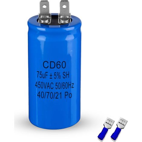Condensateur de moteur CD60 75µF 450 V 50/60 Hz, condensateur de démarrage 75UF avec prise pour moteurs électriques et machines industrielles, moteur, pompe, générateur