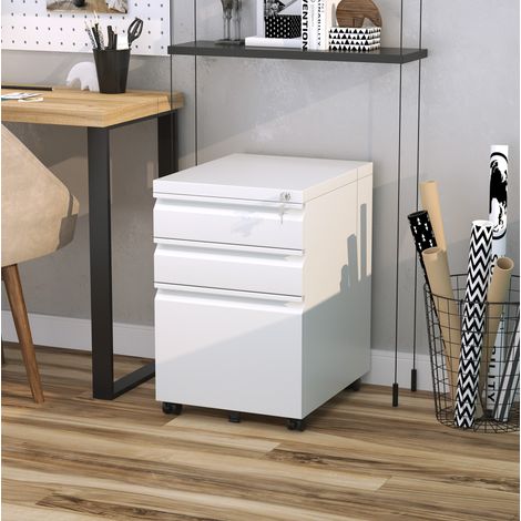 Caisson de bureau à roulettes 39x48x60 cm en acier blanc 3 tiroirs verrouillables - CHICFURN (1/5)
