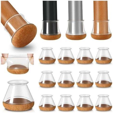 Protections pour pieds de chaise, lot de 16, protections de sol transparentes en silicone avec revêtement en feutre, embouts silencieux, diamètre 18–25 mm (1/4)