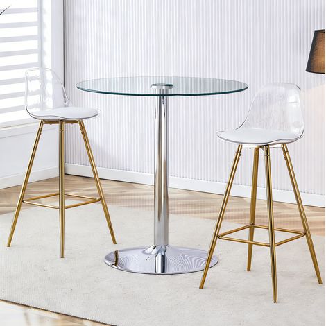 Set de bar avec table ronde en verre 89 cm et 2 tabourets à pieds dorés (1/5)