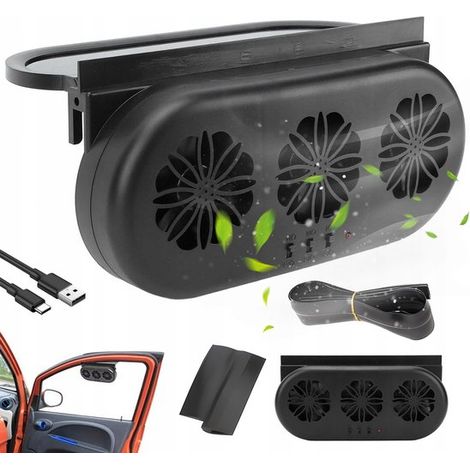 Ventilador para coche, triple ventilador con energía solar y tres salidas de aire, color negro. (1/5)