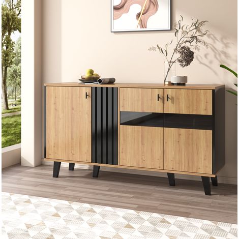 MEUBLIV buffet 140 x 78,5 x 41 cm bois et noir – rangement LED (1/5)