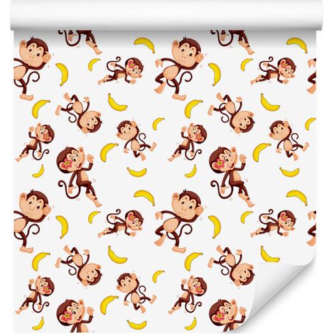 Papier peint singe blanc, crème et orange pour salon et chambre 50x1000 cm (1/5)