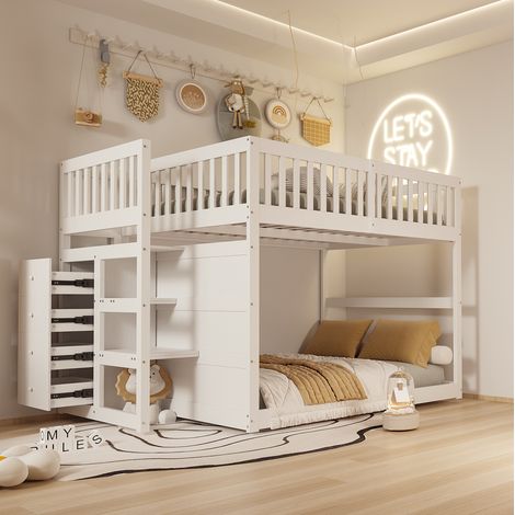 MEUBLIV Lit superposé 140x200 cm blanc – escalier avec rangement, sans matelas (1/5)