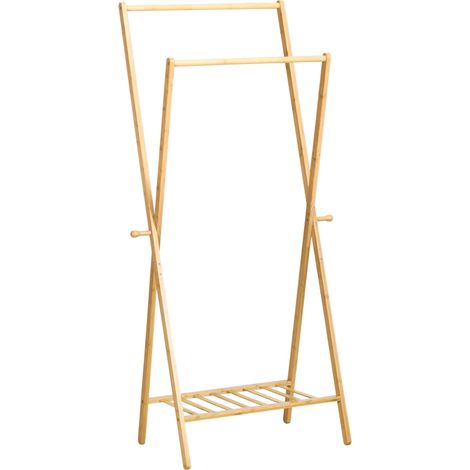 Porte-manteau en bambou avec étagère à chaussures, 2 barres et 2 crochets pour chambre ou entrée, 74 x 42 x 150 cm, naturel