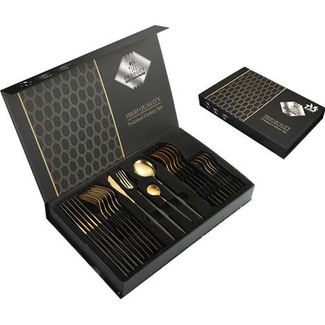 Lot de 24 couverts plats en acier inoxydable avec porte-couverts en argent, cuillères, fourchettes et couteaux, service de vaisselle pour 6, or miroir poli et vernis rose mat (or noir) (1/5)
