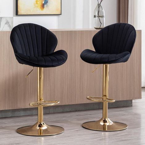 Lot de 2 tabourets de bar en velours noir réglables en hauteur avec dossier (1/5)