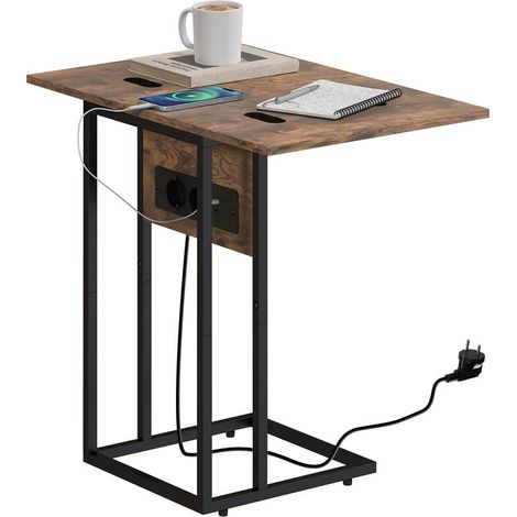 Table d'appoint avec chargeur intégré, plateau pliable, 39x29x57 cm, design rustique en bois brun et noir. (1/5)