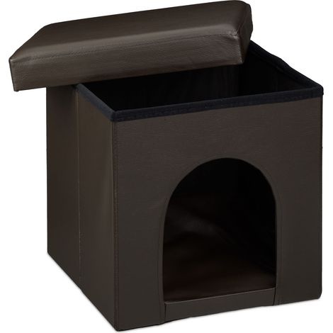 Relaxdays Hundebox Sitzhocker, HBT:38x38x38cm, Sitzcube, Tierhöhle für Hunde/Katzen, Kunstleder, Deckel abnehmbar, braun (1/5)