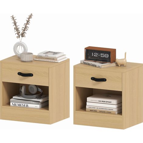 Lot de 2 tables de nuit avec tiroir et compartiment ouvert 39x28x41 cm Naturel (1/5)