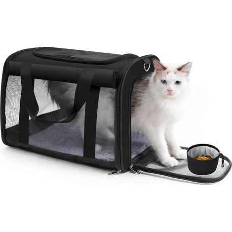 Sac à dos de transport pour chat – Durable, ventilé et pliable avec abat-jour enroulable, bol pliable et coussin pour voyager sans stress (noir) (1/5)