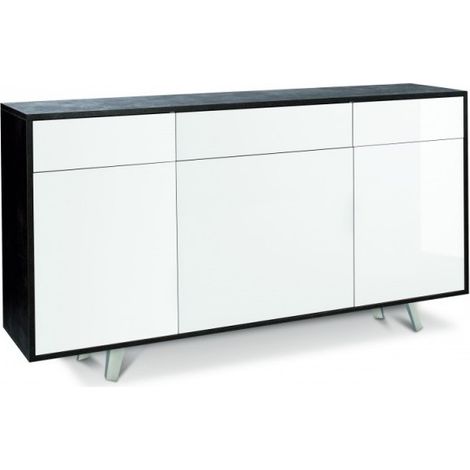 Meuble 3 portes, 3 tiroirs, 164 cm (L) x 41 cm (P) x 92 cm (H), finition noir mat et blanc brillant, Sarmog