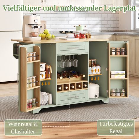 Chariot de cuisine avec plan de travail rabattable, îlot de cuisine sur roulettes avec casier à vin, porte-verres, étagère à épices et porte-serviettes, 120 x 45/70 x 92 cm, vert – Chariot de service (1/4)