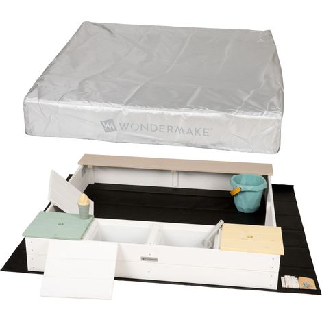 WONDERMAKE Bac à sable en bois avec couvercle plastique OXFORD 420D pour enfants, avec bancs, siège, sol, carré, rectangulaire extérieur, pour jardin et jeux, blanc gris