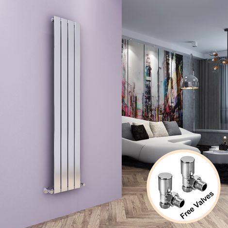 ELEGANT Vertical Flat Column Designer Radiator with Angled Radiator Valves 1600 x 300 mm Chrome Single Central Heating (1/5)