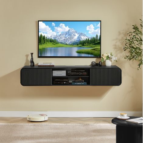 Mobile TV sospeso 160 cm in MDF nero con ripiani a giorno e sistema passacavi (1/5)