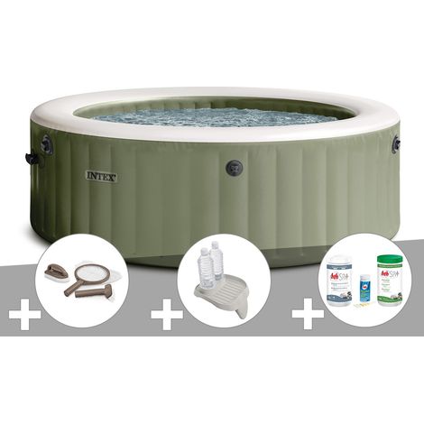 Kit spa gonflable Intex PureSpa Olive rond Bulles 6 places + Kit d'entretien + Porte-verre + Kit de traitement brome