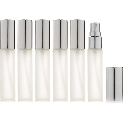 Lot de 6 fons vaporisateurs en verre givré - 10 ml - Rechargeables - Pour parfum - 2 pipettes de 3 ml (argent) (1/5)