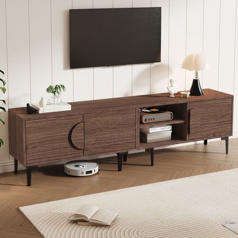 Meuble TV noyer - meuble tv 180 cm avec 2 portes et étagères ouvertes - 180x35x49 cm