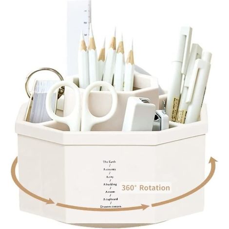 Porte-stylo rotatif de bureau avec autocollants antidérapants, porte-stylo de stockage de bureau rotatif à 360 degrés-Blanc