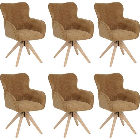 Set 6x sedie poltroncine con seduta girevole HHG-703 riposizionamento automatico seduta legno ciniglia, giallo senape