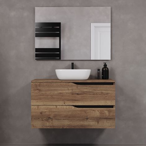 Meuble de salle de bain 100cm avec plateau et vasque à poser zeus - 2 tiroirs - tabaco (chêne foncé) - LUNA (1/5)
