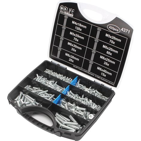 CCLIFE 425 pieces Jeu de Vis Boulon a Tete Fraisee Phillips M4 M5 M6 M8, 16-40mm, Vis cylindriques Cruciforme a filetage complet zinguees DIN 965