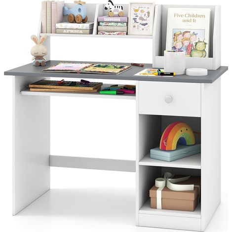 COSTWAY Scrivania per Bambini 3-6 Anni, Tavolo in Legno con Vassoio per Tastiera e Cassetto, Libreria Laterale e Mensole Superiori e Ampio Piano del Tavolo, Ideale per Cameretta (Grigio) (1/5)