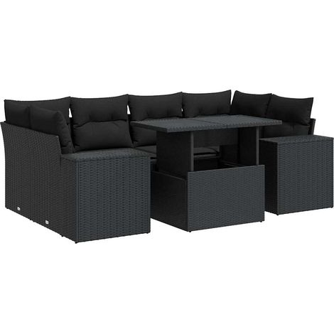 Set de sofás de jardín 7 pzas con cojines ratán sintético negro vidaXL (1/5)