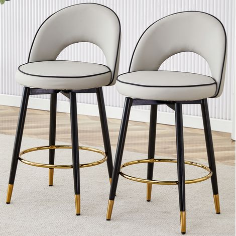 Barhocker aus Metall und PU in Grau, 360° drehbar, mit durchbrochener Rückenlehne und goldenen Details (1/5)