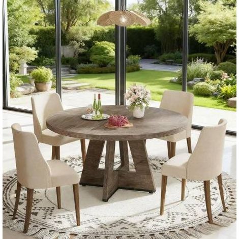 Table à manger ronde 120 cm grise en bois d'ingénierie style ferme pour 4 personnes (1/5)