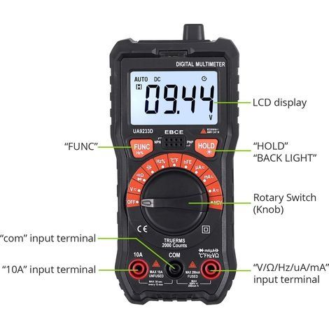 True-RMS-Digitalmultimeter mit Krokodilklemme – AC/DC-Tester, Voltmeter, Widerstandsmesser, Strommesser, Kapazitätsmesser, Frequenzmesser, Temperaturmesser (1/4)