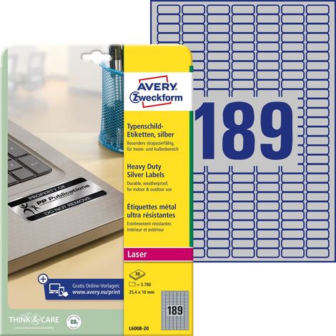 Avery Zweckform, L6008-20, Etichette ultra resistenti in poliestere per prodotti e dispositivi, 20 fogli, 25,5 x 10 mm (1/5)