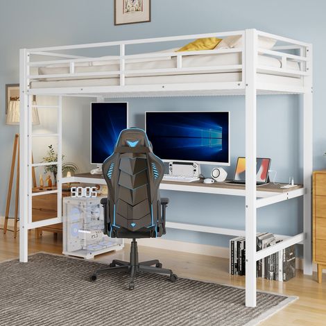 Lit mezzanine 90 x 200 cm, garde-corps, échelle, bureau avec usbprise, bande led app, en747, métal blanc, sans matelas (1/5)