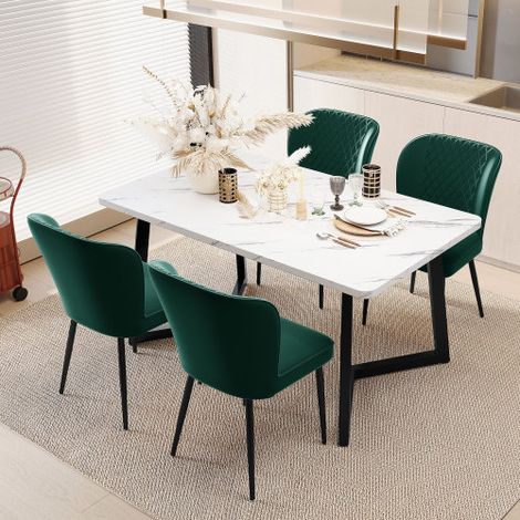 Ensemble de 4 Chaises moderne de salle à manger rembourrée avec dossier, assise en velours vert foncé, structure en métal (1/5)