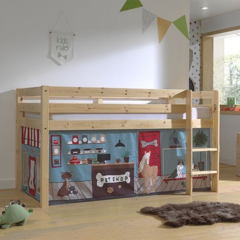 Cama de media altura 90x200 con somier y funda Pet Shop Vipack Pino Madera (1/4)