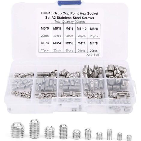 Clamping screws, assortment of 200 Allen head hex socket screws M3/M4/M5/M6/M8, for precision instruments, counters, and products (1/5)