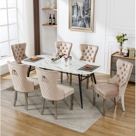 Silla de comedor de terciopelo beige con estructura de madera maciza y patas de metal, 62,5 x 94,5 cm (1/5)