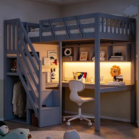 Hochbett 90x200 cm mit Schreibtisch und Treppe mit Stauraum - Kinderbett aus Massivholz mit Lattenrost USB-Anschluss und LED-Beleuchtung Jugendbett Spielbett - Grau (1/5)