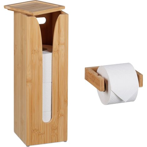 Relaxdays Toilet Paper Holder Set, Bamboo, 4 Spare Rolls, for WC, Wall-Mounted Rod & Standing Storage Shelf, Natural