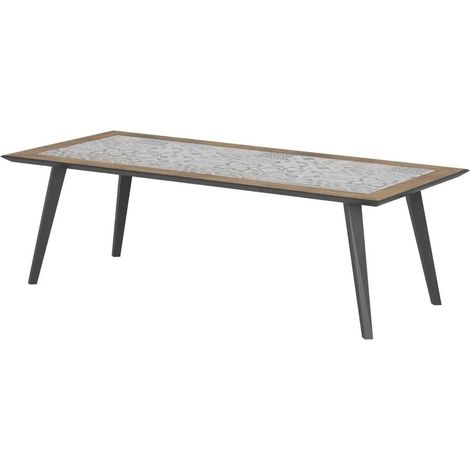 Hesperide – Table de jardin fixe rectangulaire 213x92cm – Acier époxy antirouille – Plateau en grès avec motifs vintage – 8 places – Pieds réglables